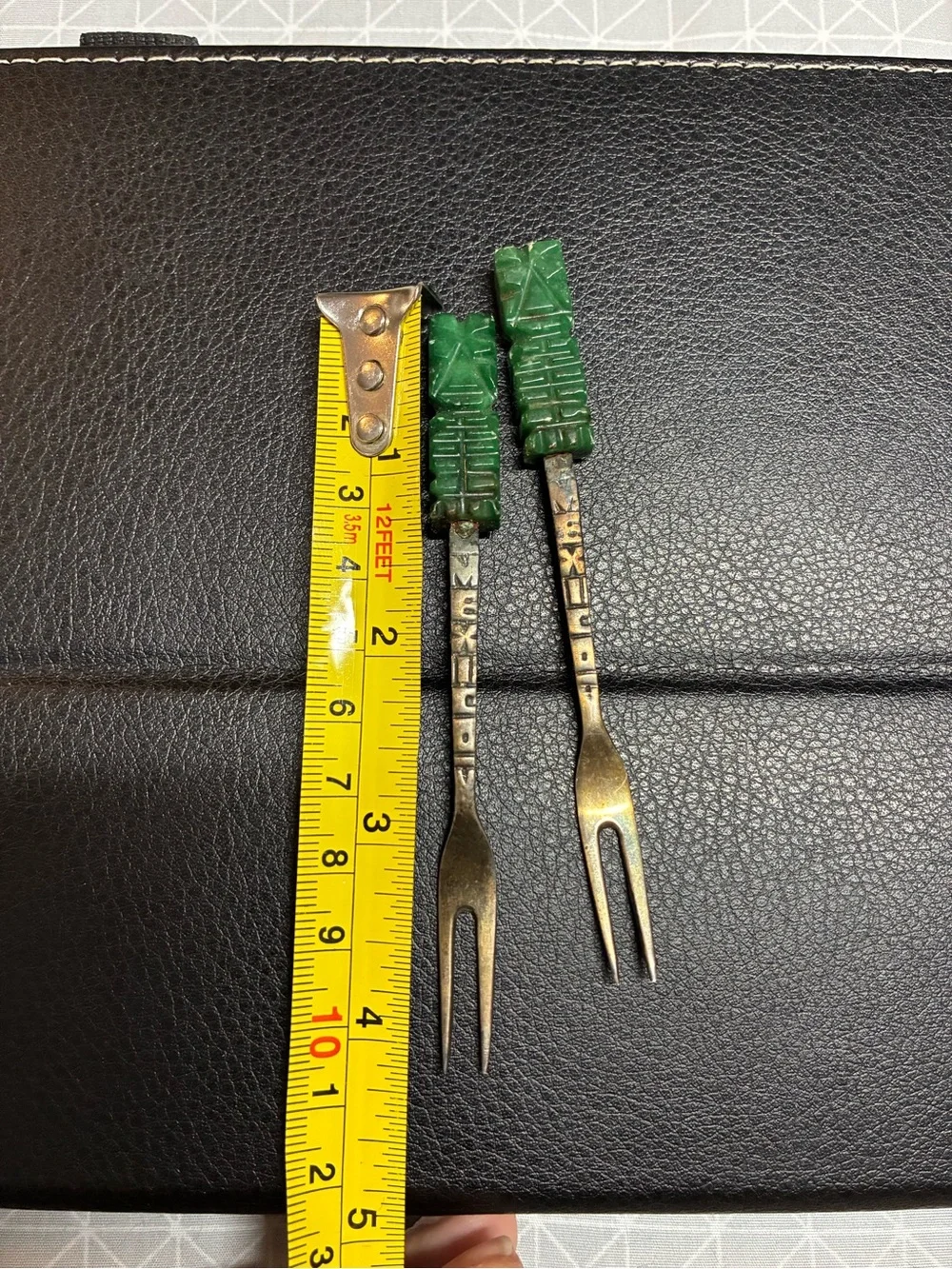 Vintage Mexican Sterling and Jade Cocktail Forks Set of 2